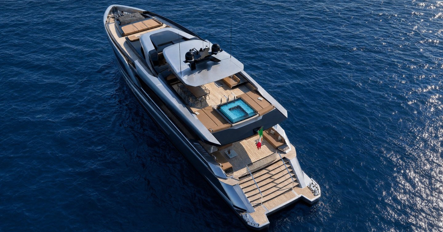 Aerial rendering of Tecnomarine TM33 superyacht at anchor 