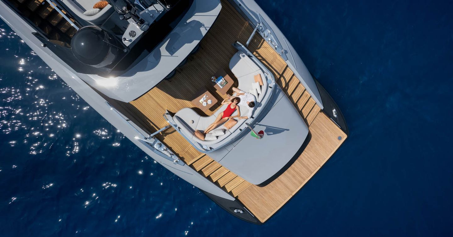 Aerial view of Mangusta 104 REV motor yacht stern 