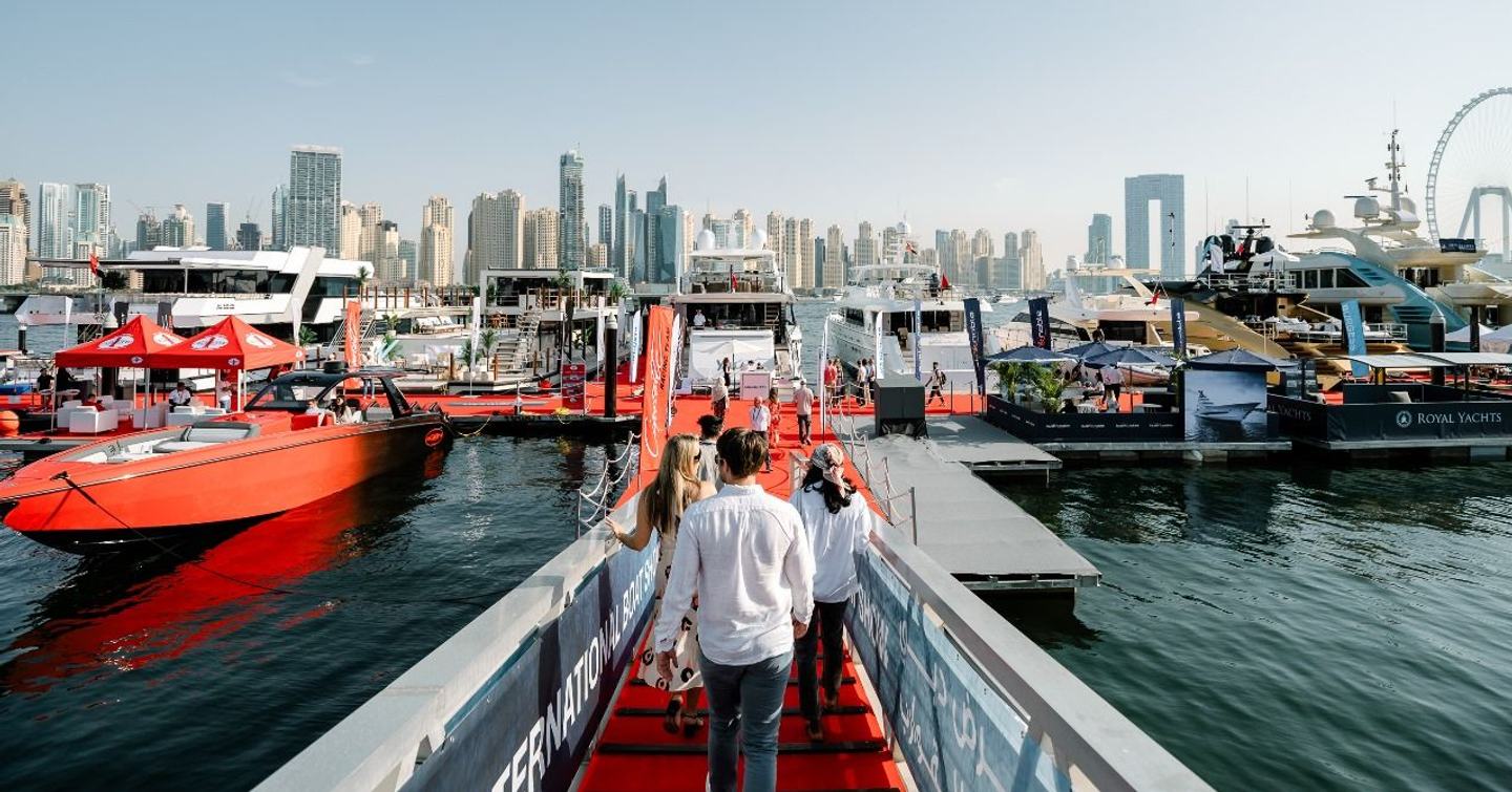 Dubai Harbour pontoons with skyscrapers in background