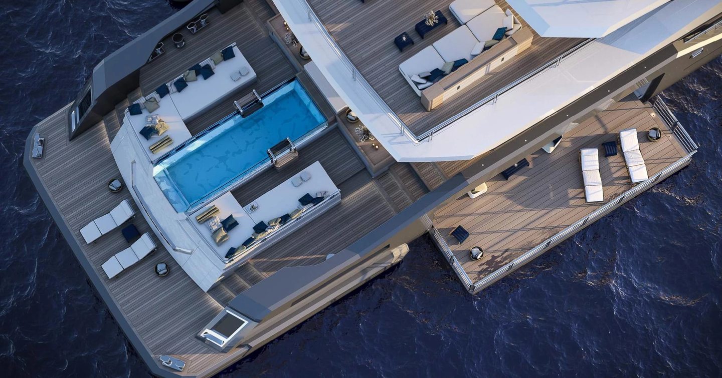 Aerial Rendering of superyacht ICE 68 aft decks