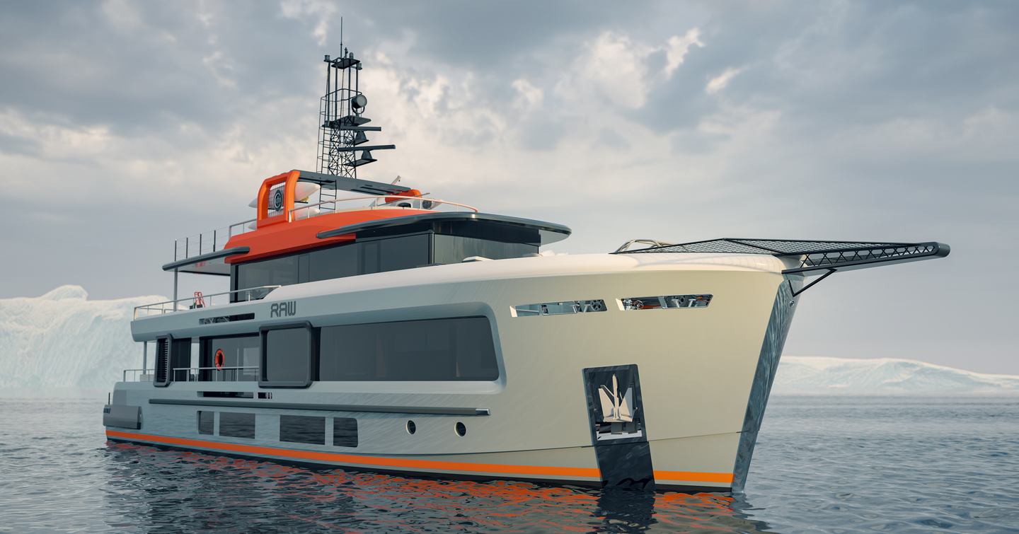 Explorer yacht RAW by Cantiere delle Marche (CdM) shown from water level towards starboard bow and along the side profile, water calm, sky cloudy