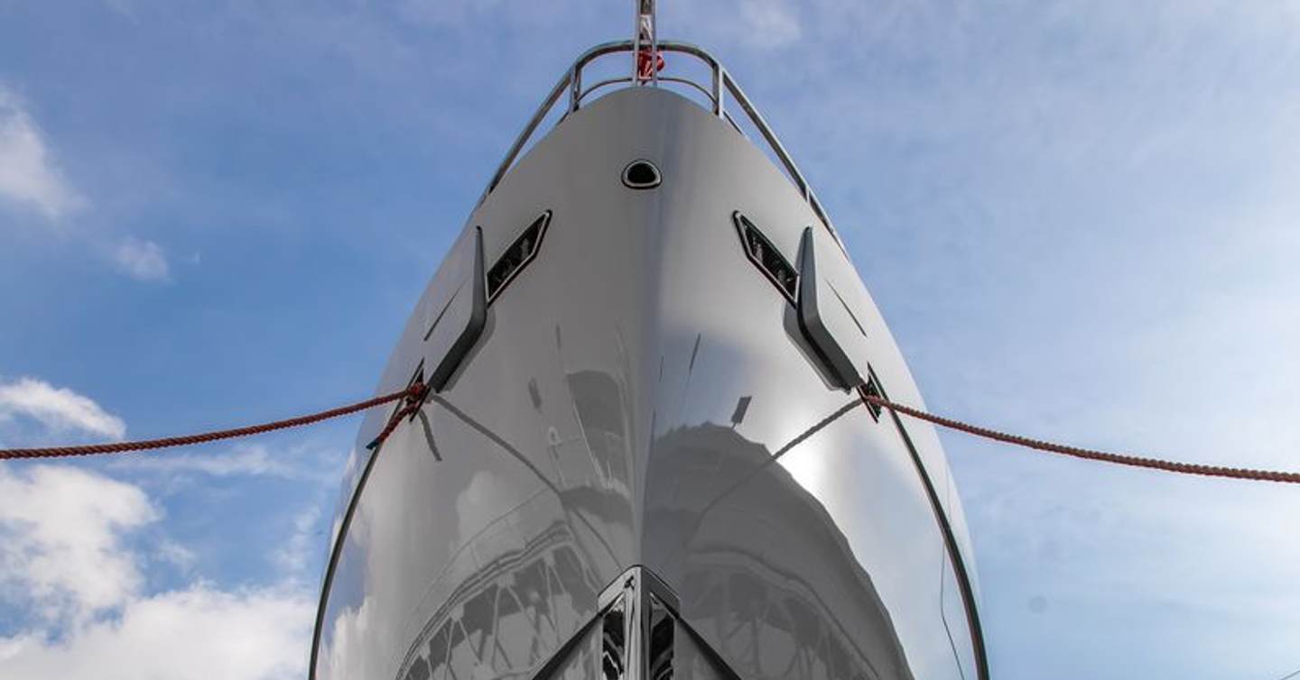 underside of Superyacht Singolare's bow at launch