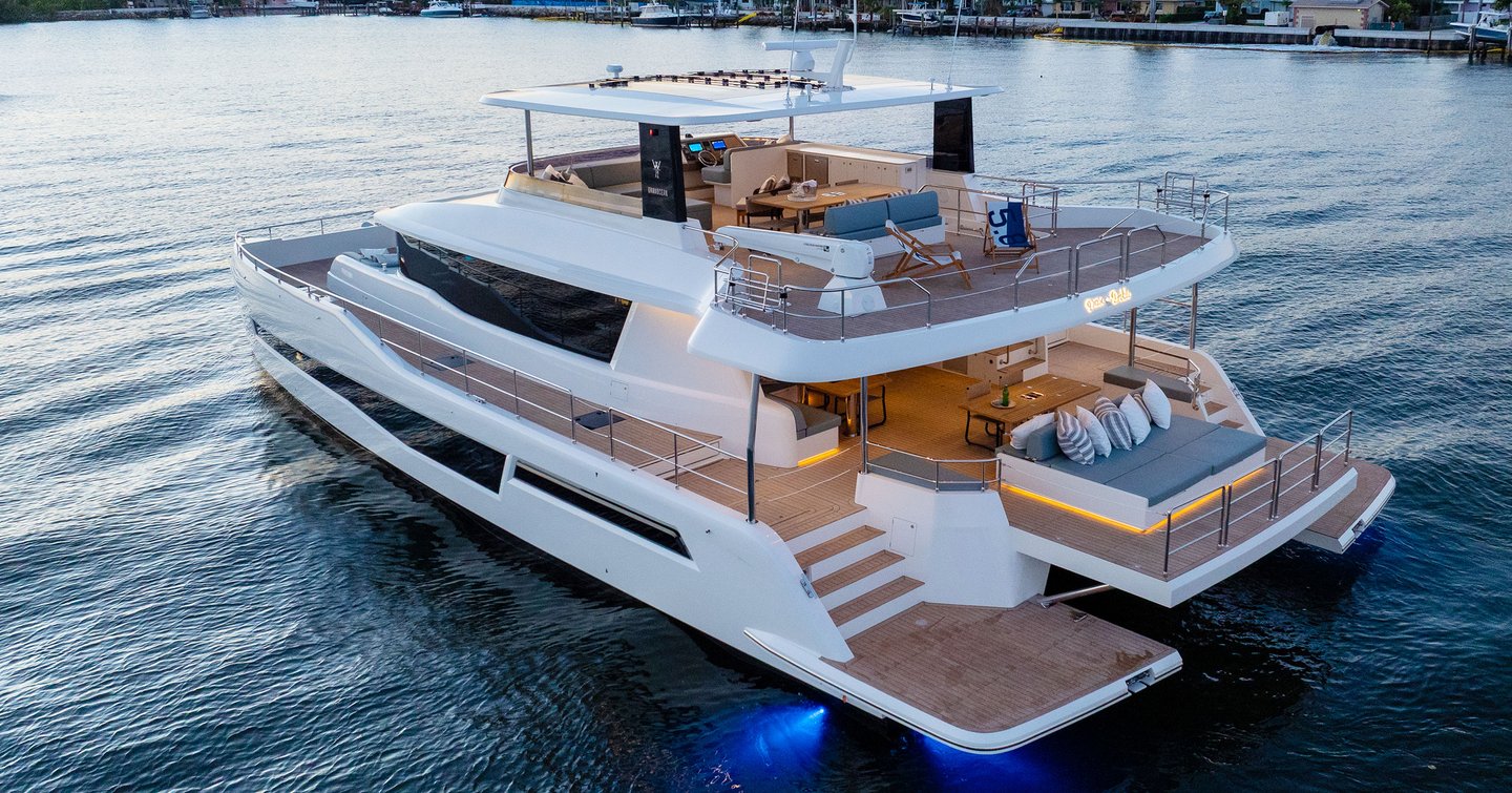 GranOcean W-72 Open Catamaran at anchor 