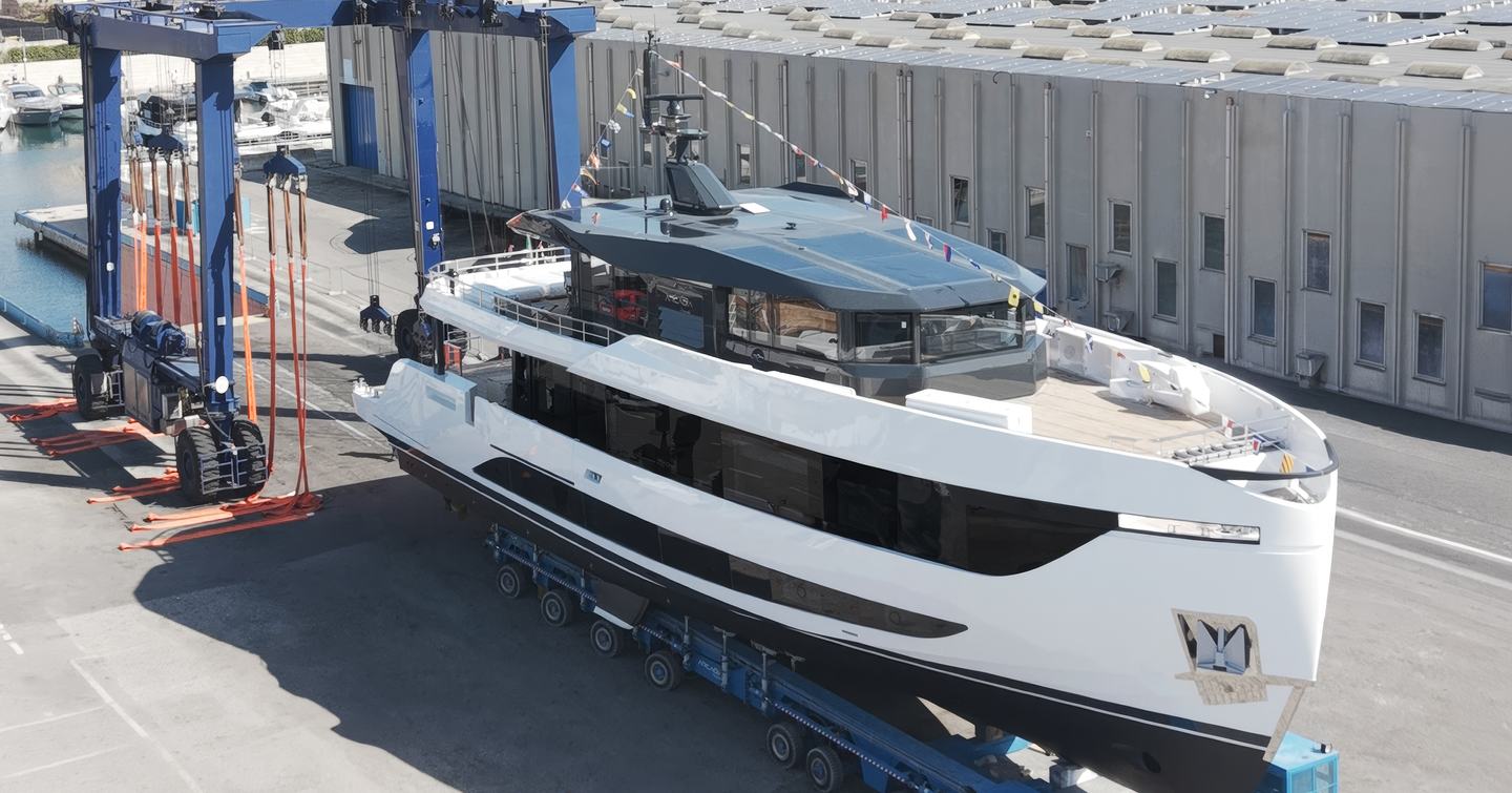 Fourth Arcadia A96new Superyacht on trolley on way to launch