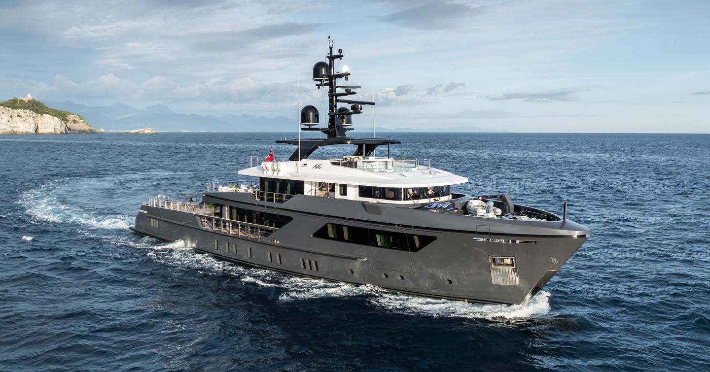 Wide angle view of superyacht M underway