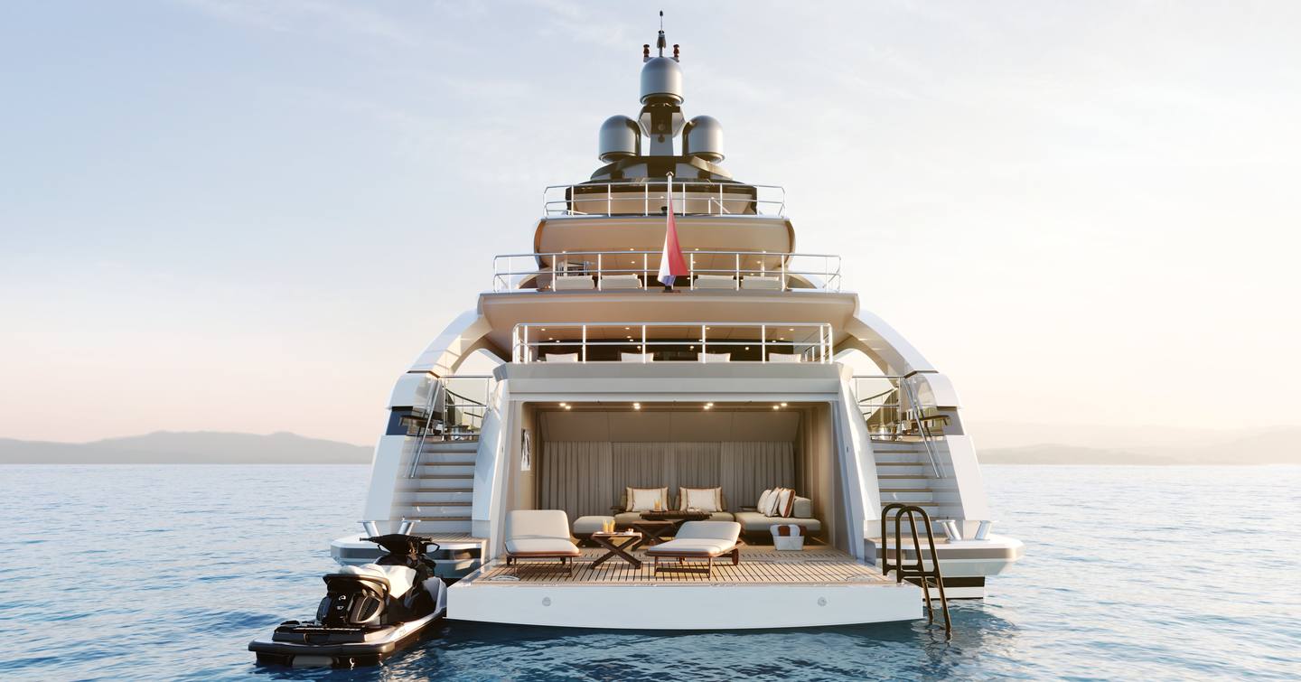 Superyacht Book Ends' beach club with sun loungers and tender