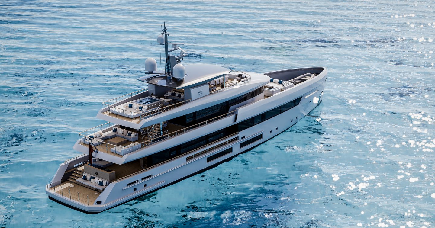 Rendering of Tankoa T450 superyacht at anchor on clear water