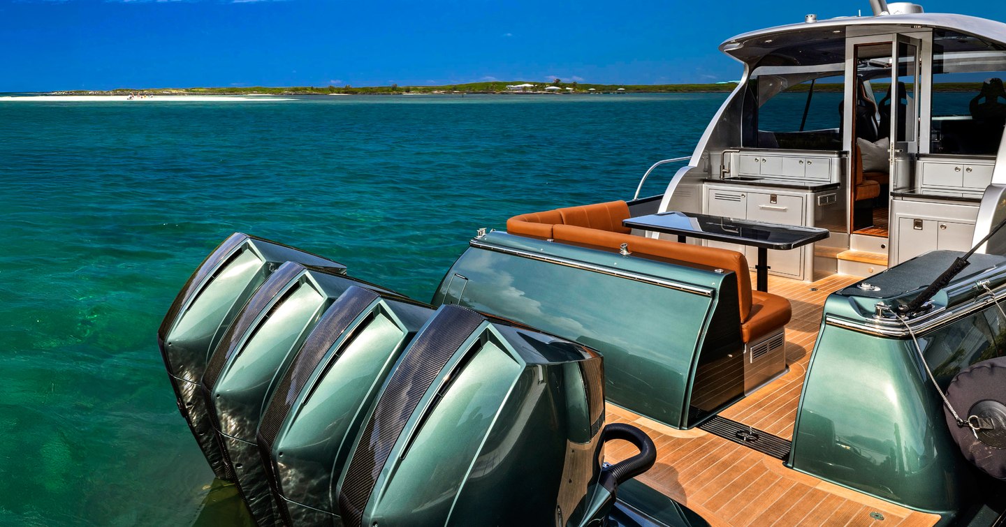 Close up of Palm Beach GT50 RS Boat aft with outboards