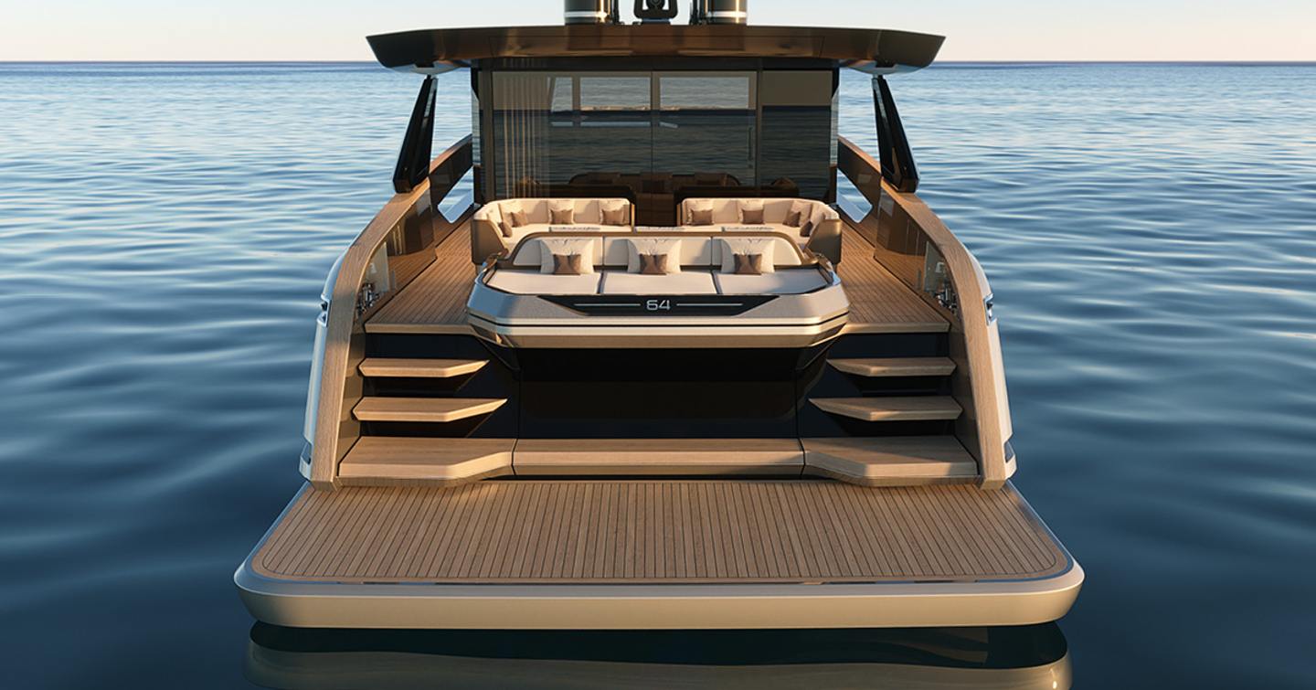 Rendering of Solaris Power 64 Grand Coupé Motor Yacht stern with integrated U-shaped seating 