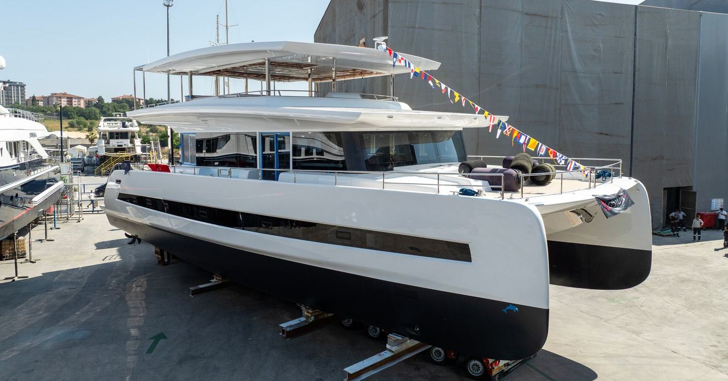 Second VisionF E-Cat 80 catamaran on trolley on way to launch