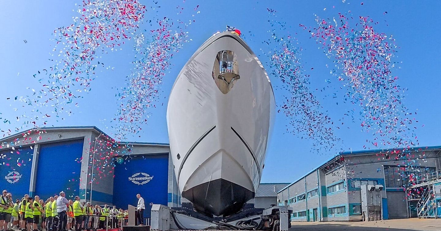 First Sunseeker Manhattan 94 yacht at launch with confetti 