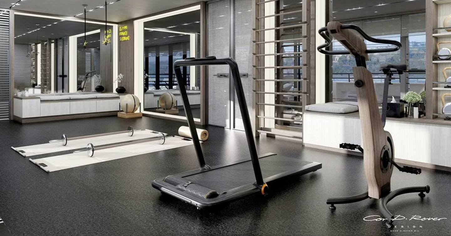 Leapher expedition yacht Horizon's interior gym with various equipment 