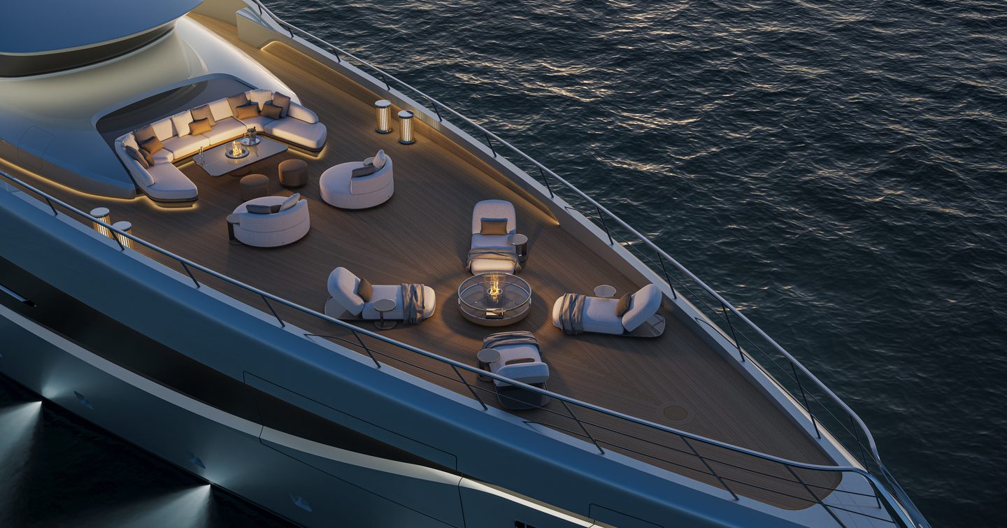 Rendering of ISA Yachts Granturismo 66 Superyacht foredeck with underwater lights and lounging areas 