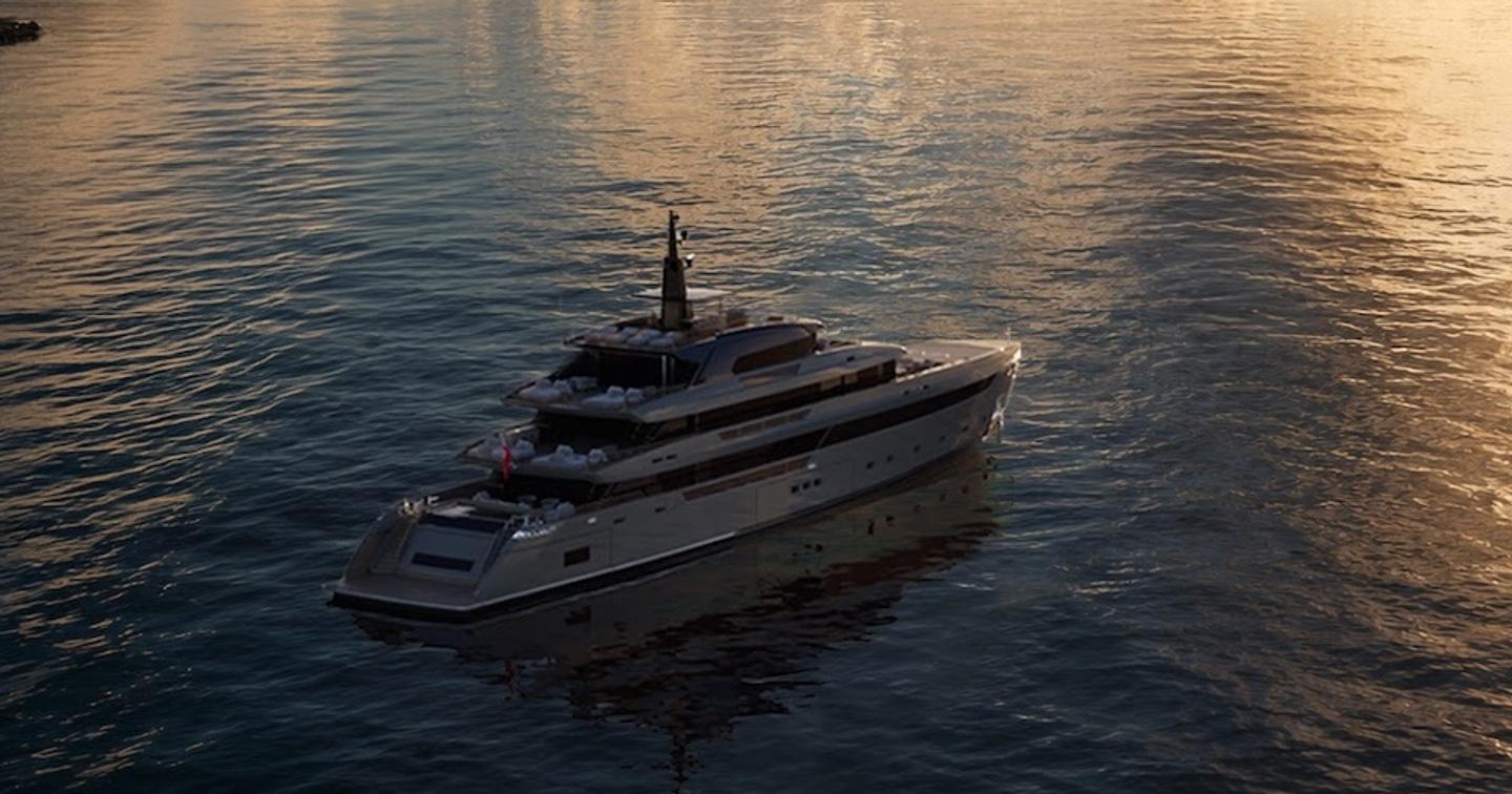 First Sanlorenzo 65Steel superyacht at anchor stern view 