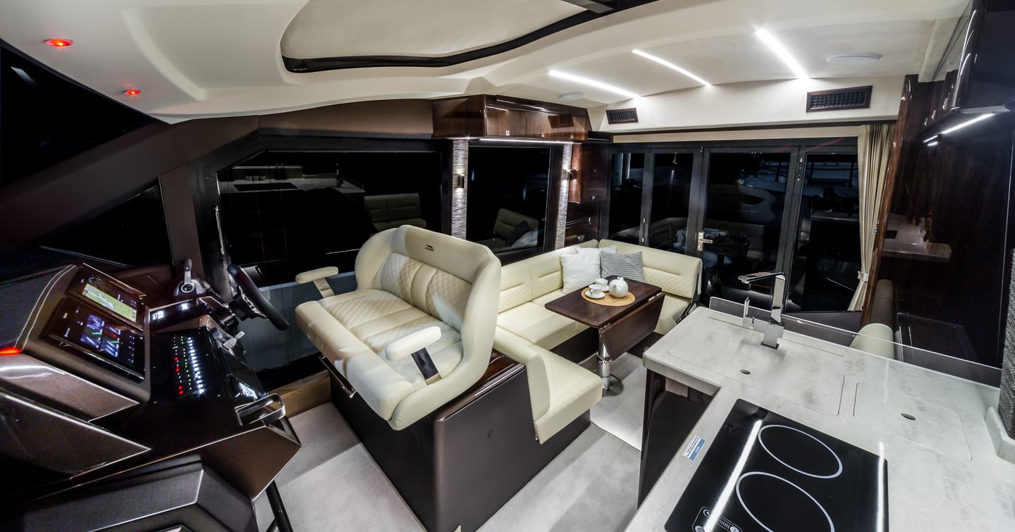 Cockpit, lounge and galley of Galeon 410 HTC