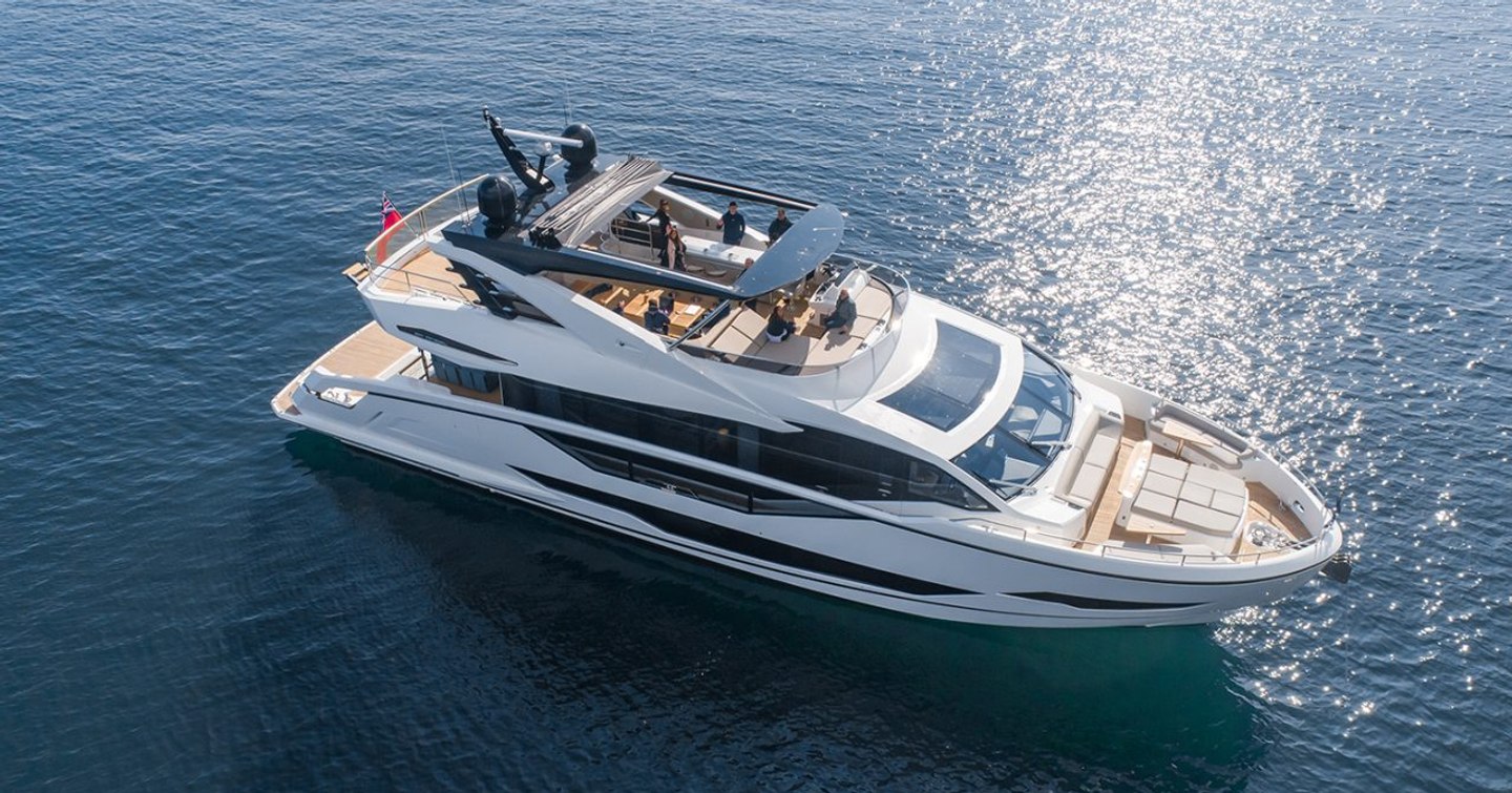 Aerial view of Sunseeker 90 Ocean underway, surrounded by sea