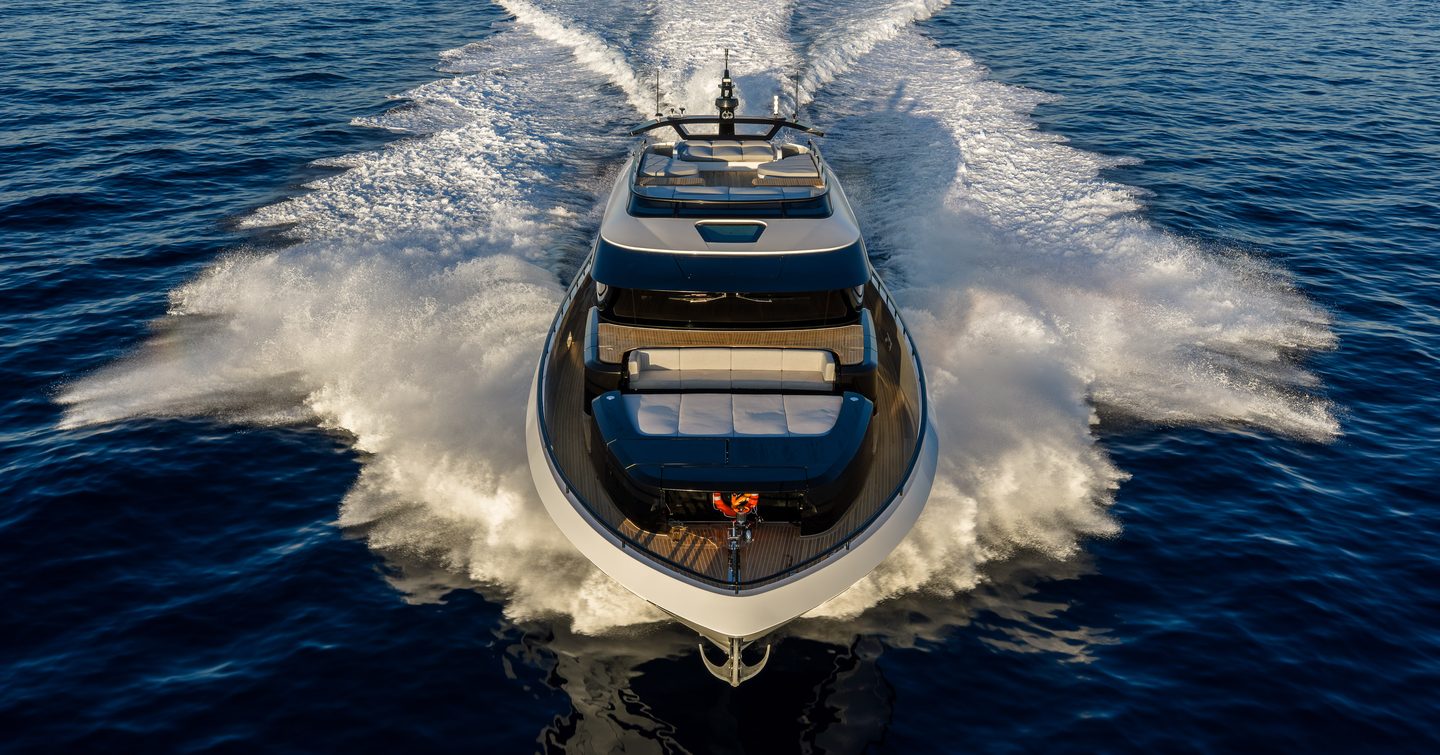Bow shot of AB Yachts AB 95 motor yacht under way 