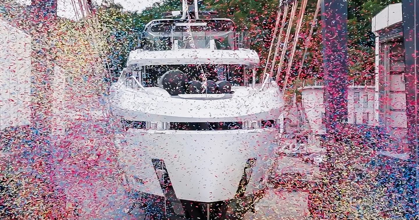 Motor yacht Andala covered with confetti at launch