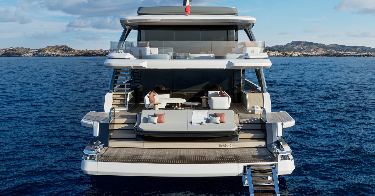 Rendering of Extra Yachts X100 Triplex motor yacht stern 