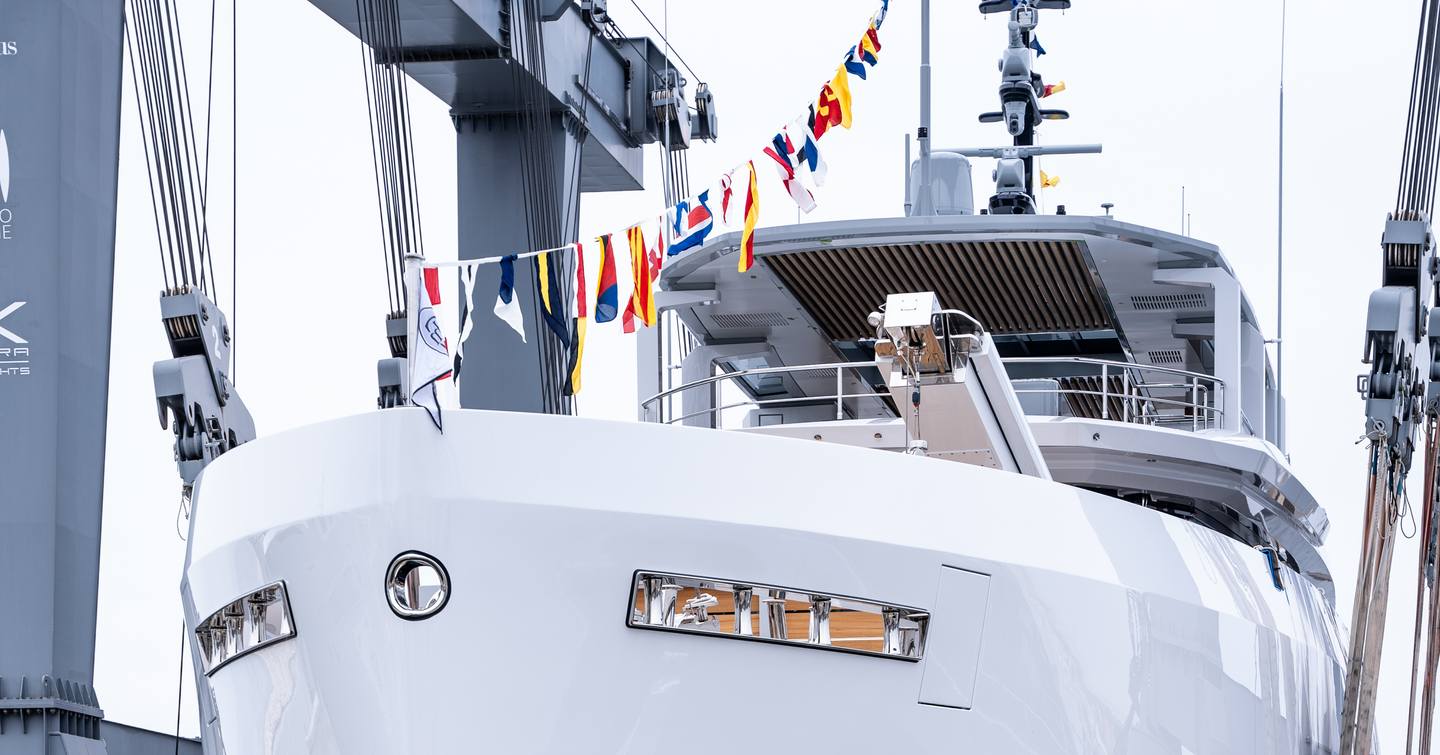 A bow shot of explorer yacht TREMENDA being launched by CdM