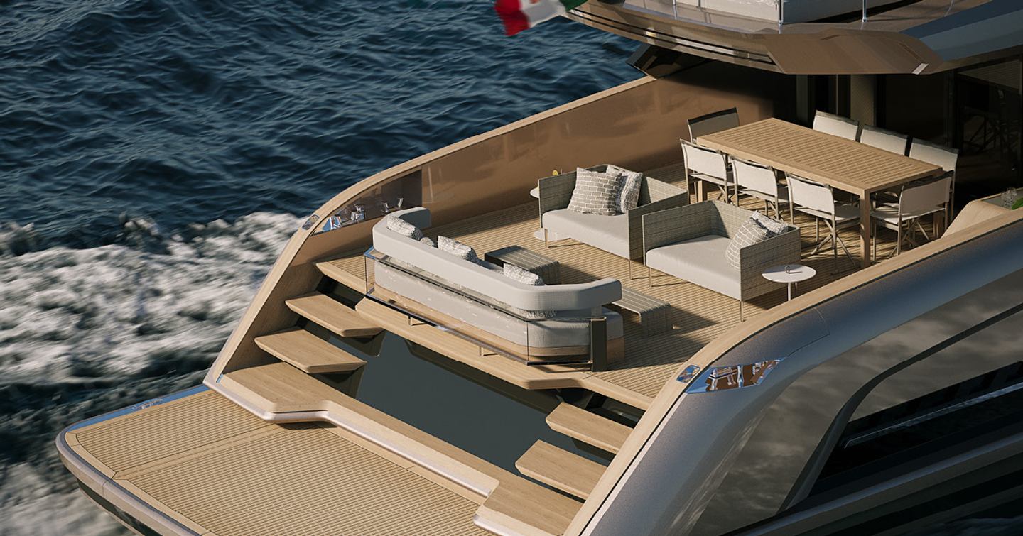 Rendering of Solaris Power 70 Long Range Boat aft deck with shaded alfresco dining and beige seating