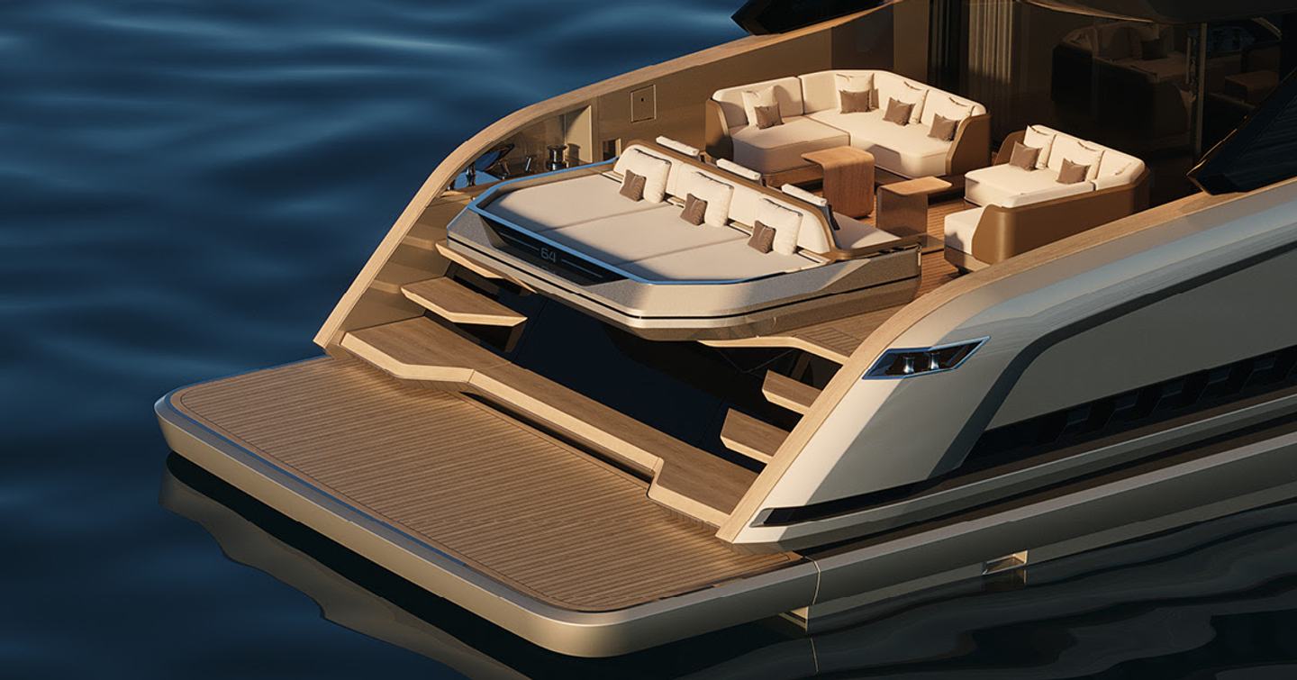Solaris Power 64 Grand Coupé Motor Yacht stern with white sunpads and dual L-shaped seating 