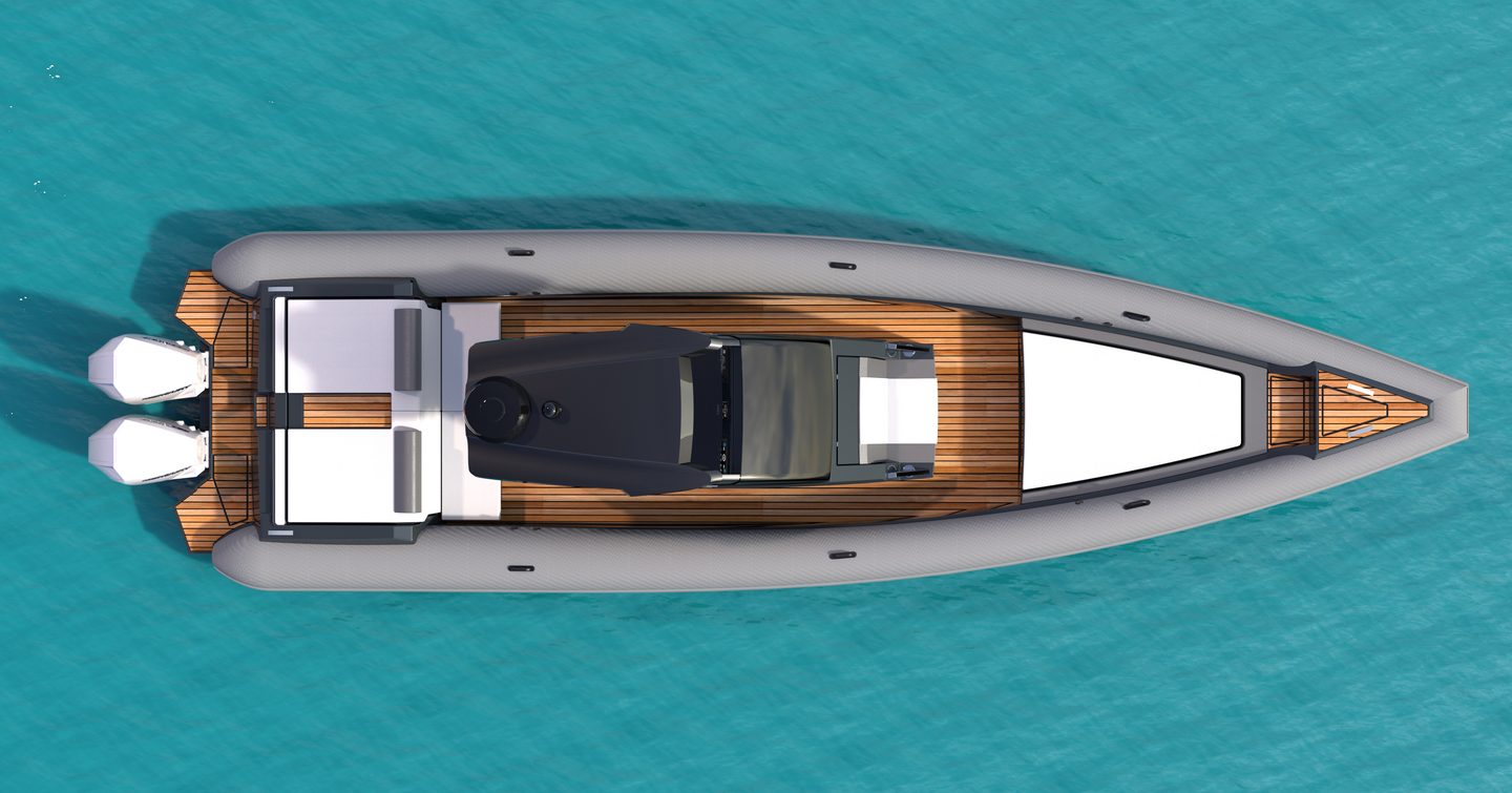 Computerised image of Technohull 38 Grand Sport tender viewed from above on still water