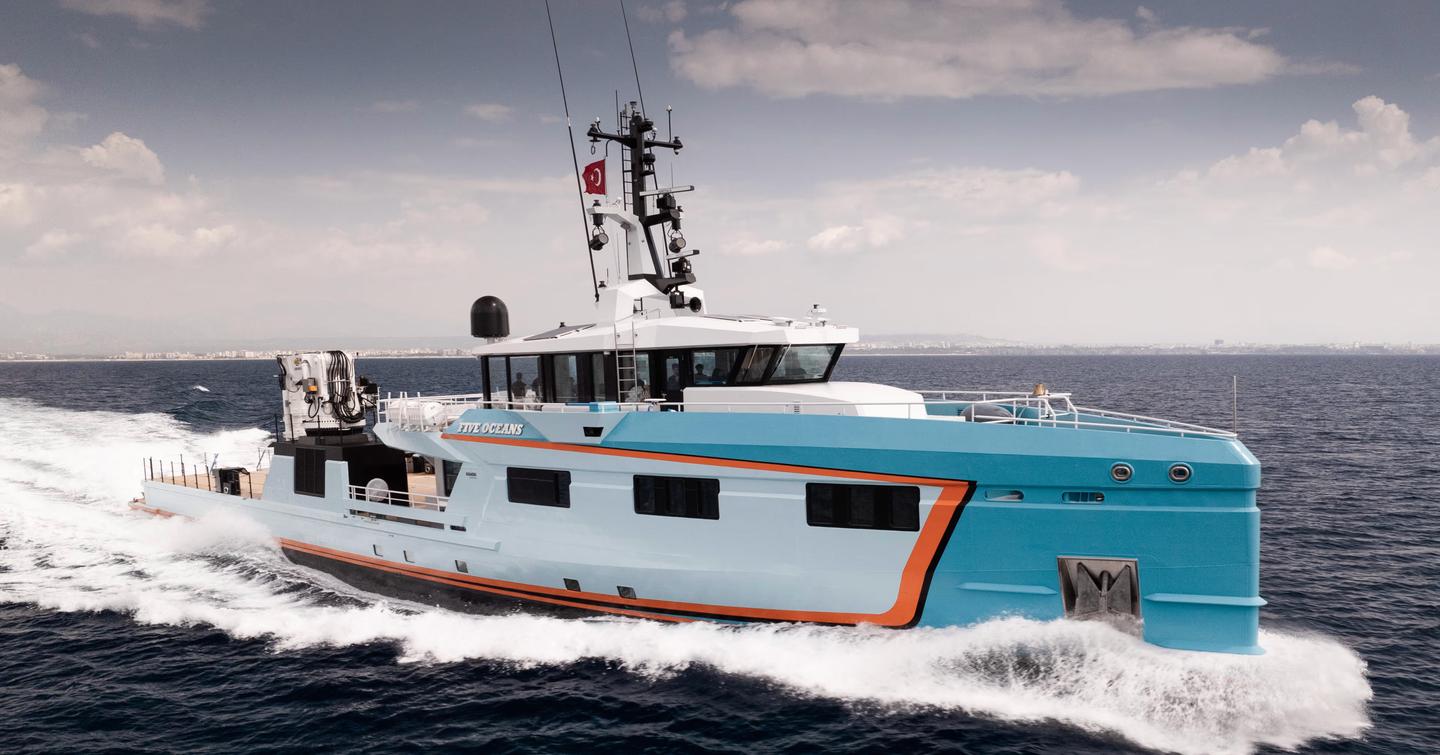 Support yacht Five Oceans under way