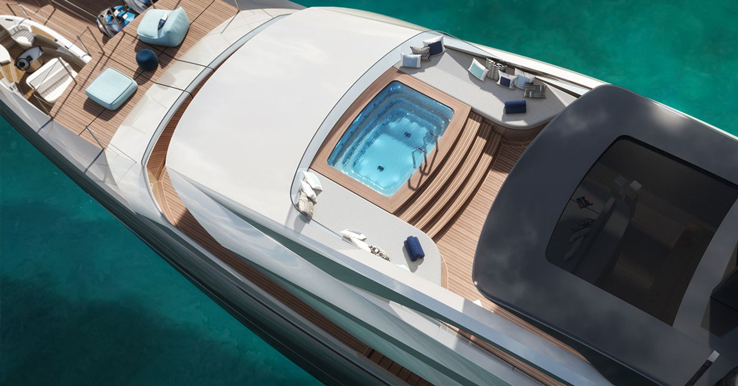 Aerial view of swimming pool and loungers on top deck of Estrade superyacht