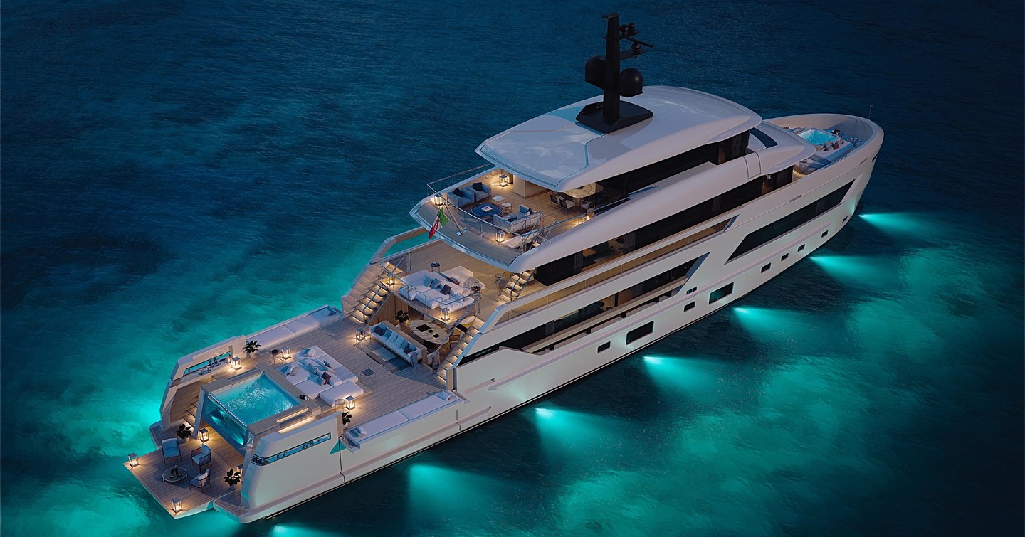 Sanlorenzo motor yacht Tolemai stern view of decks 
