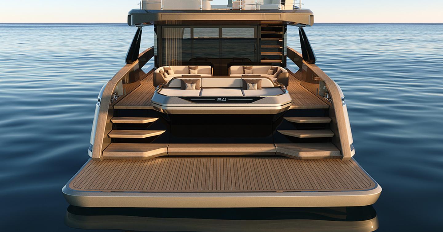 Rendering of Solaris Power 64 Long Range motor yacht stern with U-shaped aft seating