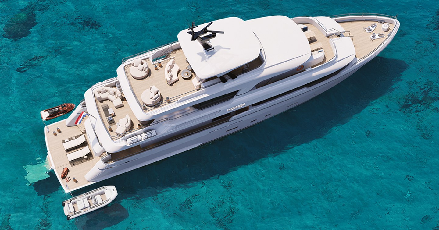 Aerial rendering of Eighth Moonen 122 Martinique motor yacht Lollipop at anchor