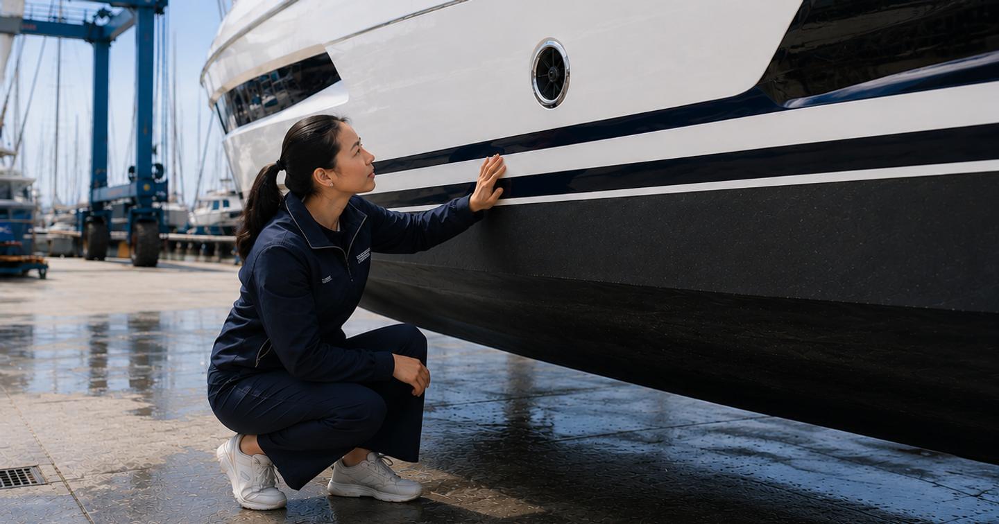 Marine surveyor inspecting the hull of a boat out of water 