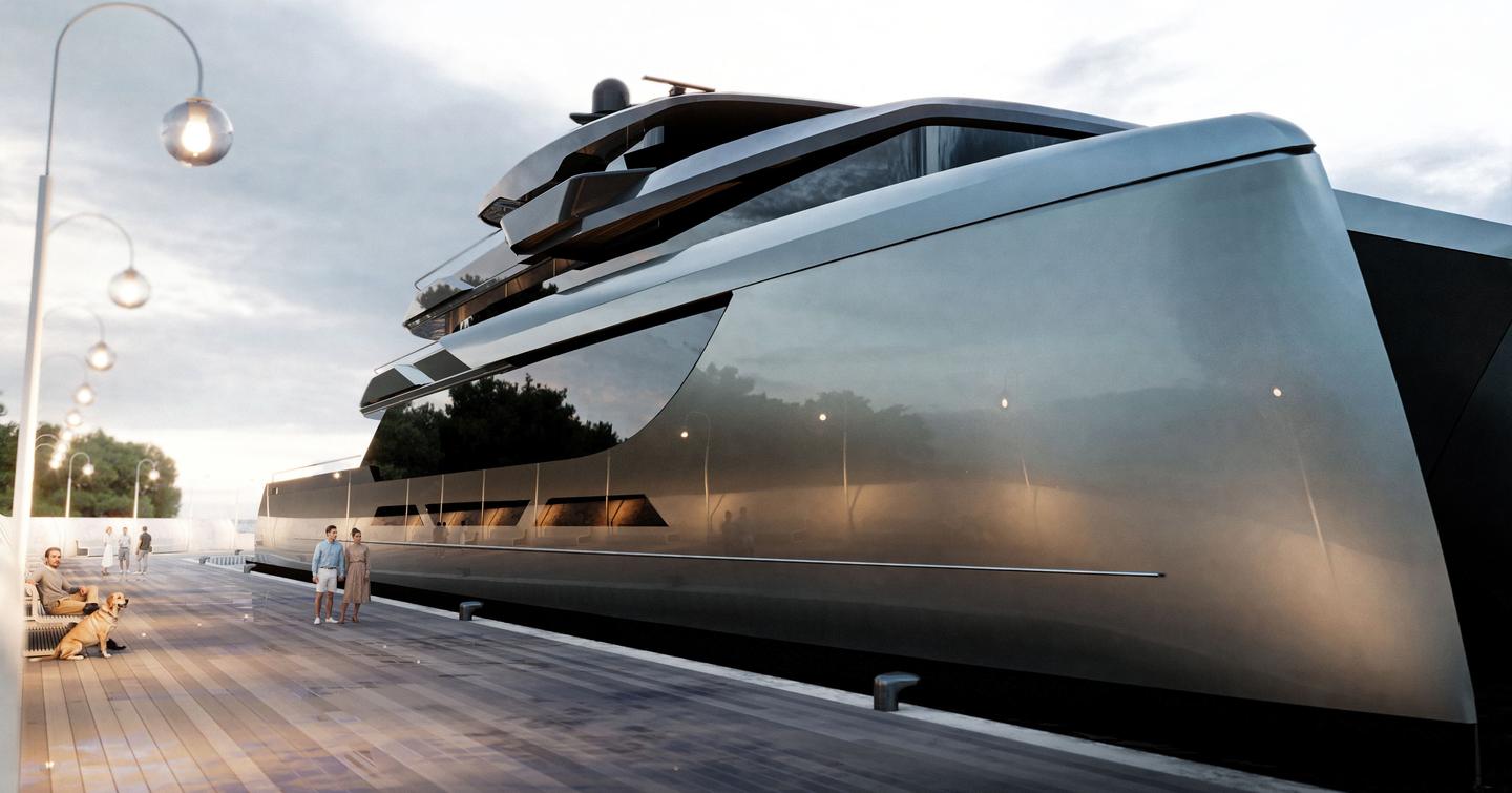 Rendering of Sunreef 65M Explorer catamaran docked at harbour with people walking adjacent
