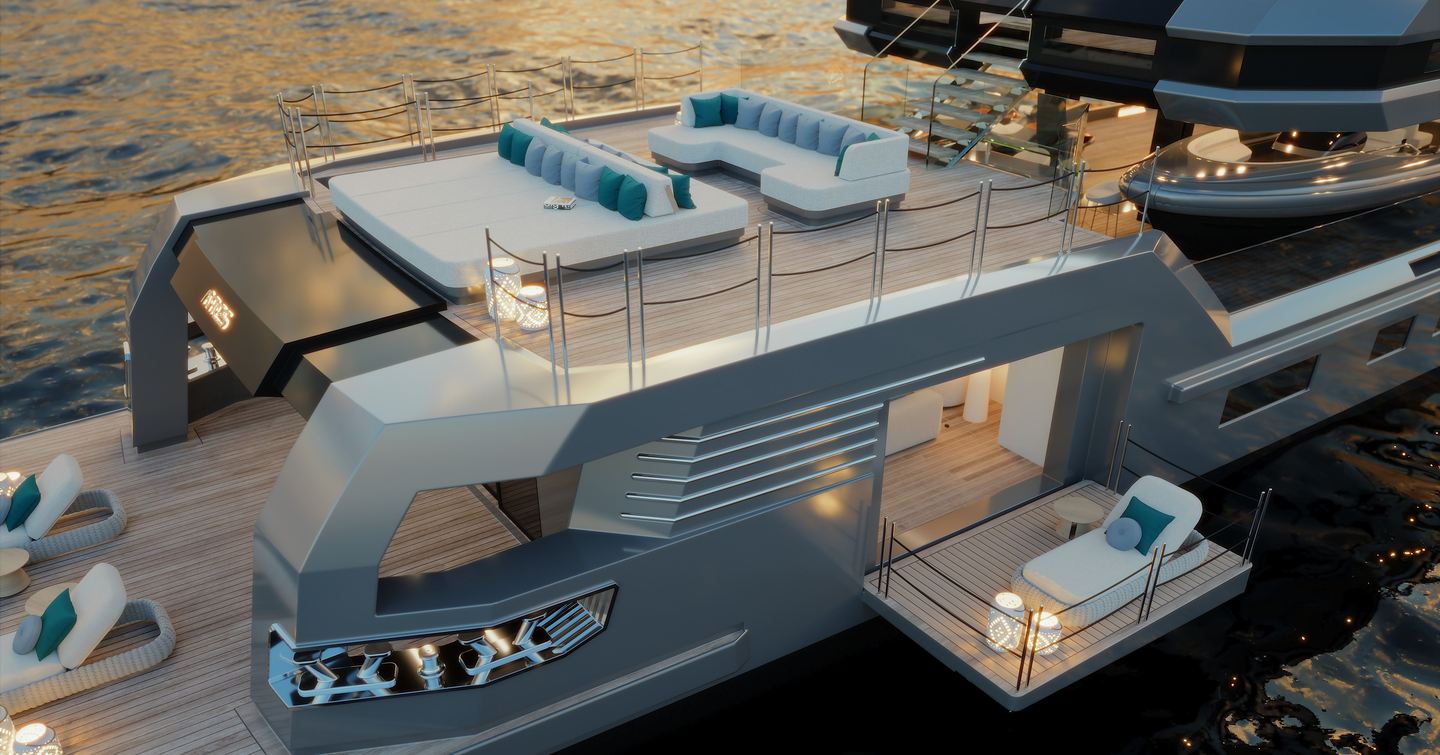 Rendering of explorer yacht Atlas' beach club with fold down balconies. 