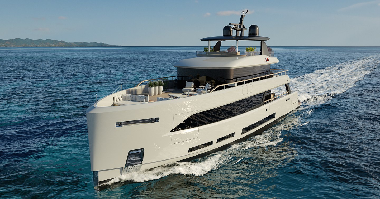 Rendering of Sirena Yachts 35m Superyacht underway, surrounded by sea.