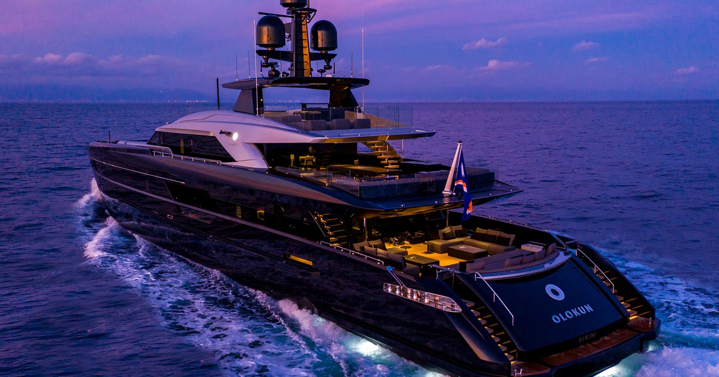 Superyacht OLOKUN at twilight