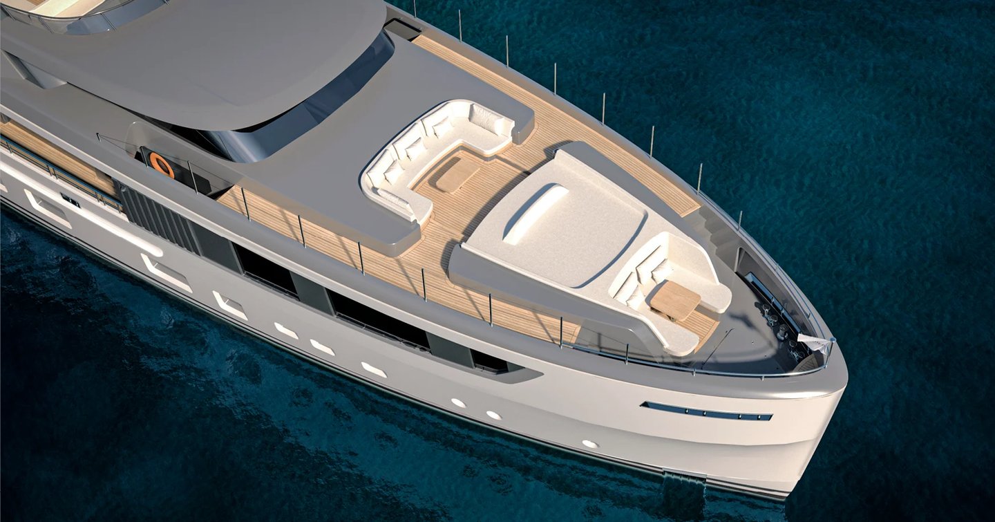 Rendering of Mulder 122 Superyacht foredeck with integrated U shaped seating 