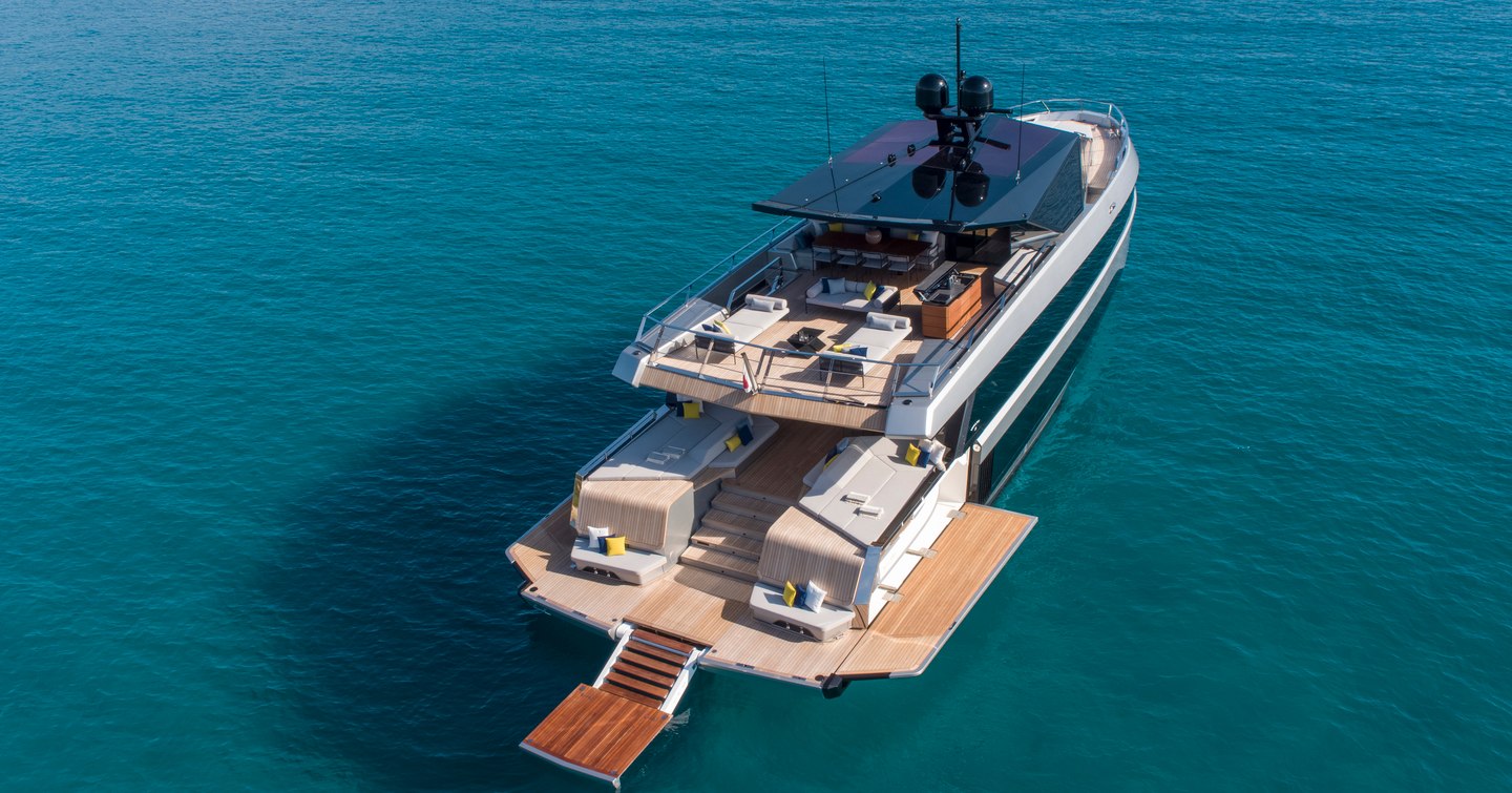Aerial view of Wally wallywhy200 motor yacht at anchor with fold down beach club