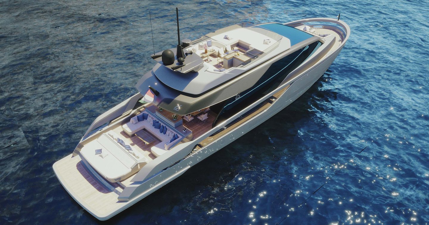Aerial rendering of Extra X90 Fast motor yacht at anchor 