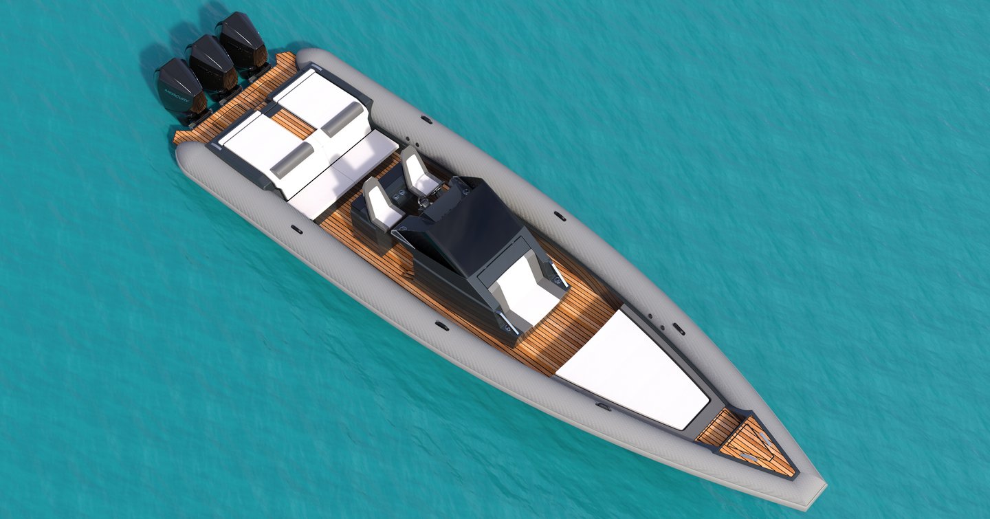 Computer generated image of Technohull 38 Grand Sport tender on still water 