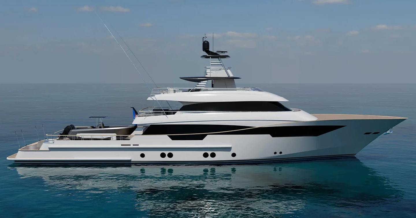 Rendering of SES Sportsfisher Yacht Project Freedom at anchor 
