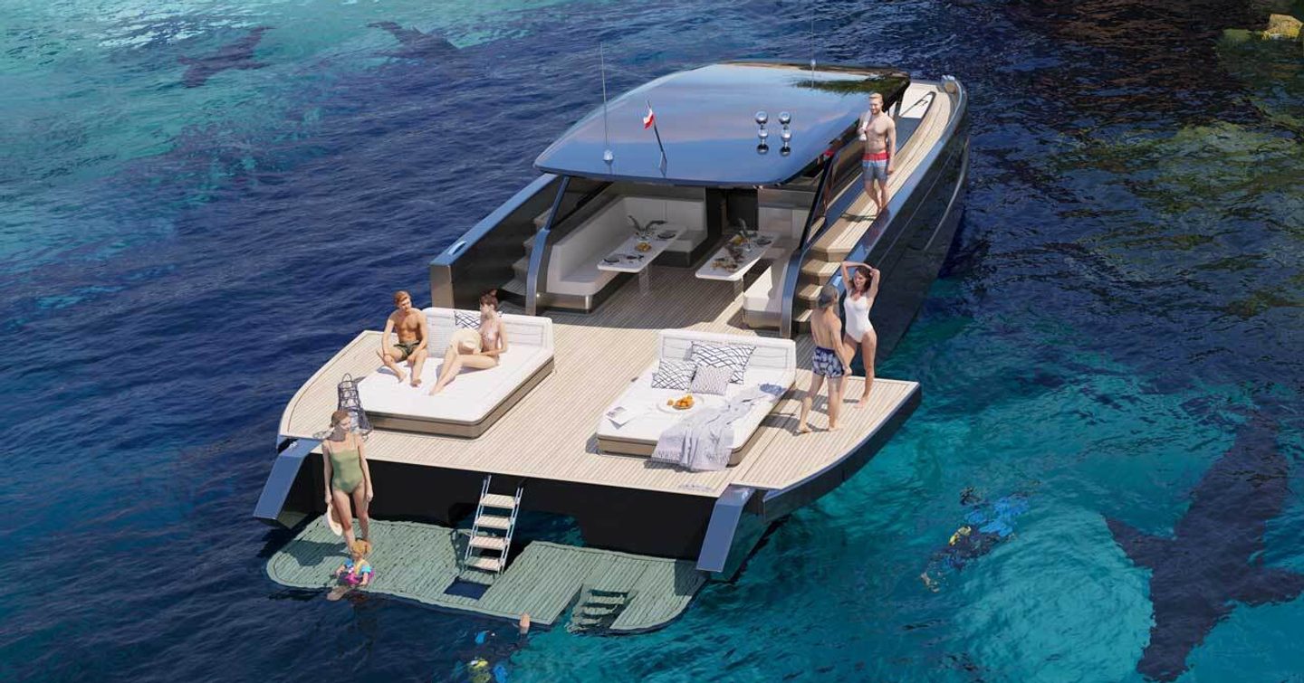 Ultima 55 at sea with its fold-down balconies out