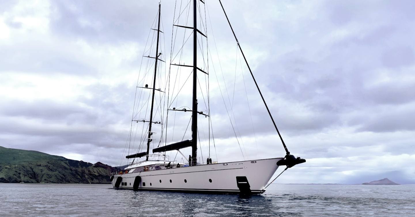 Close up of Sailing Yacht Katana bow at anchor