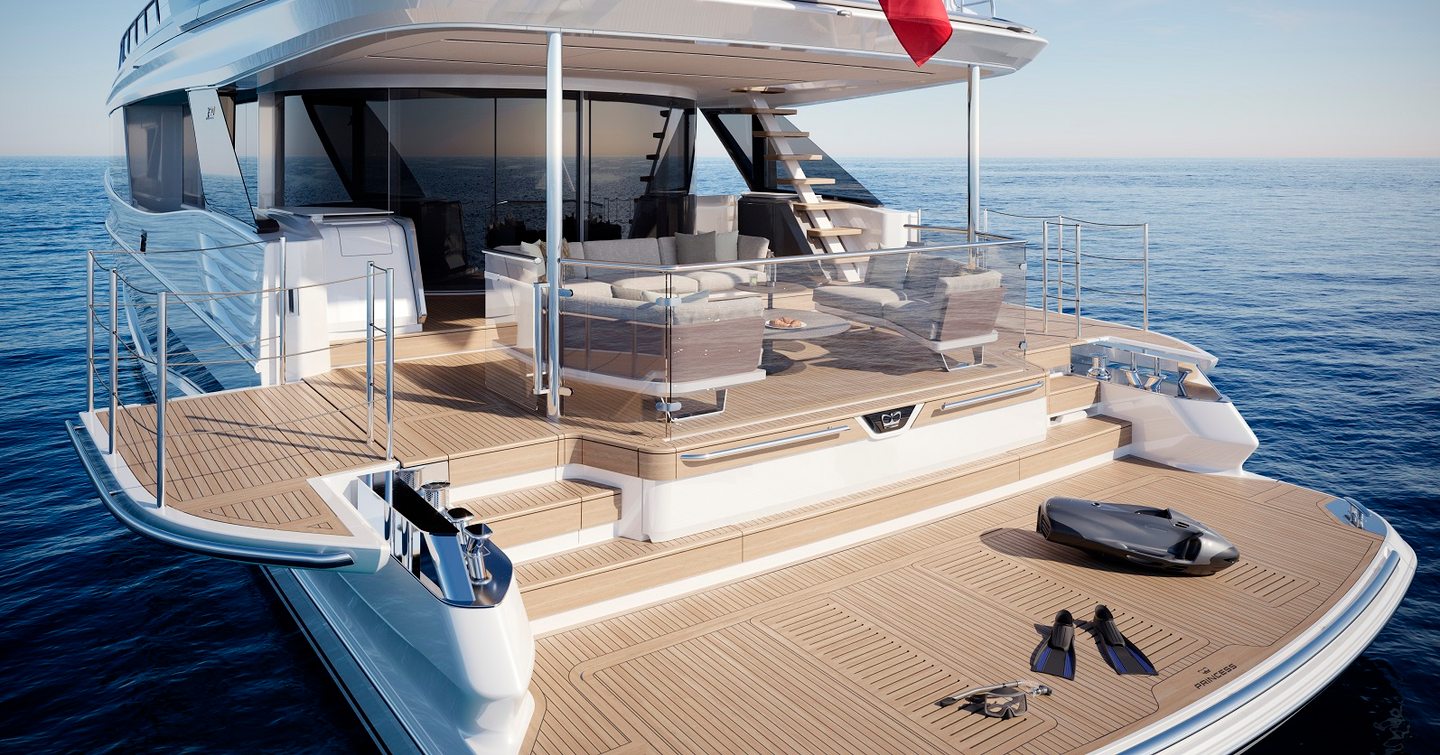 Rendering of Princess X90 Motor Yacht stern with fold out side terraces and shaded seating 