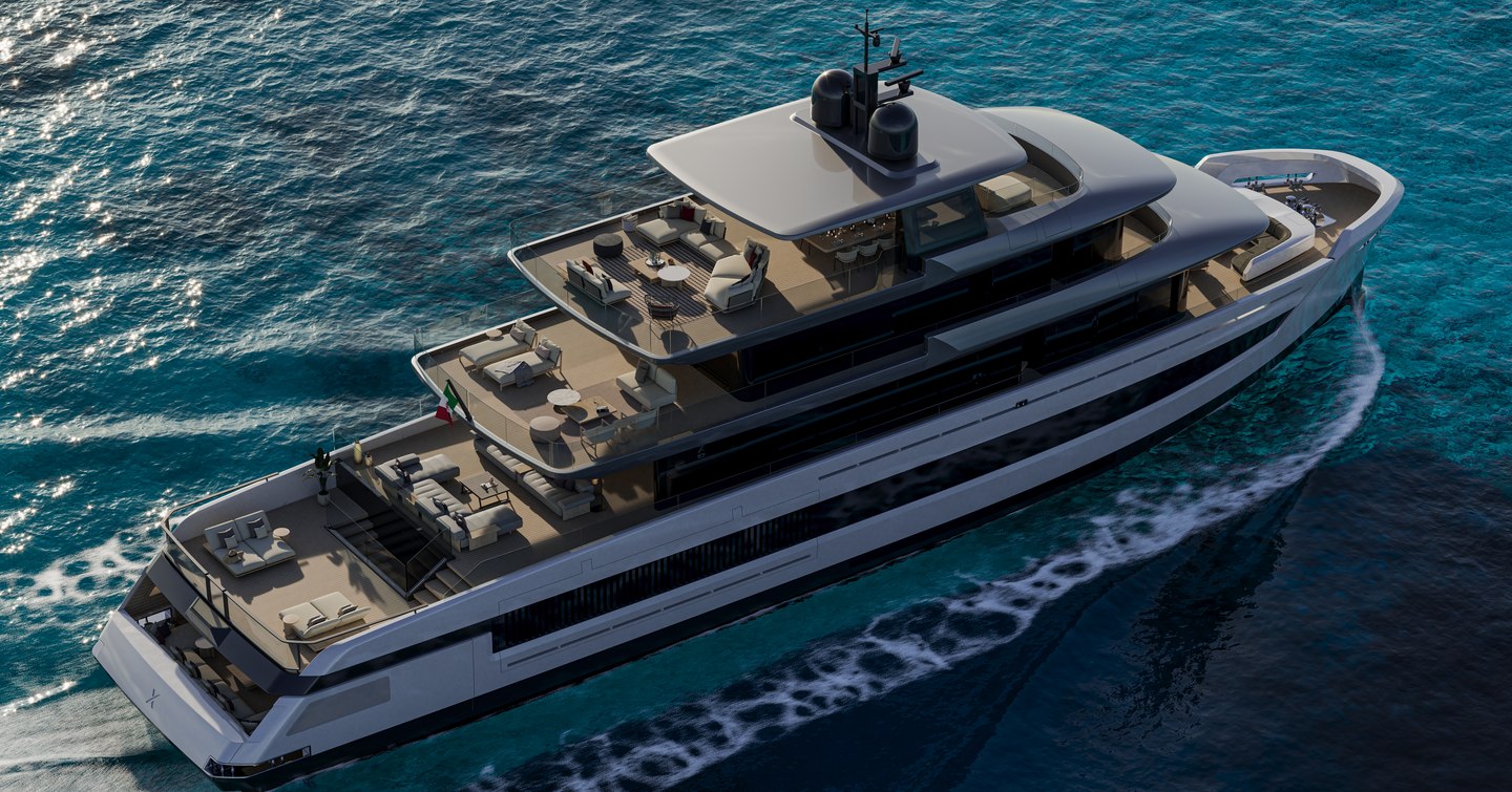 Extra X145 Global explorer motor yacht cruising with tiered decks and open lounge areas.