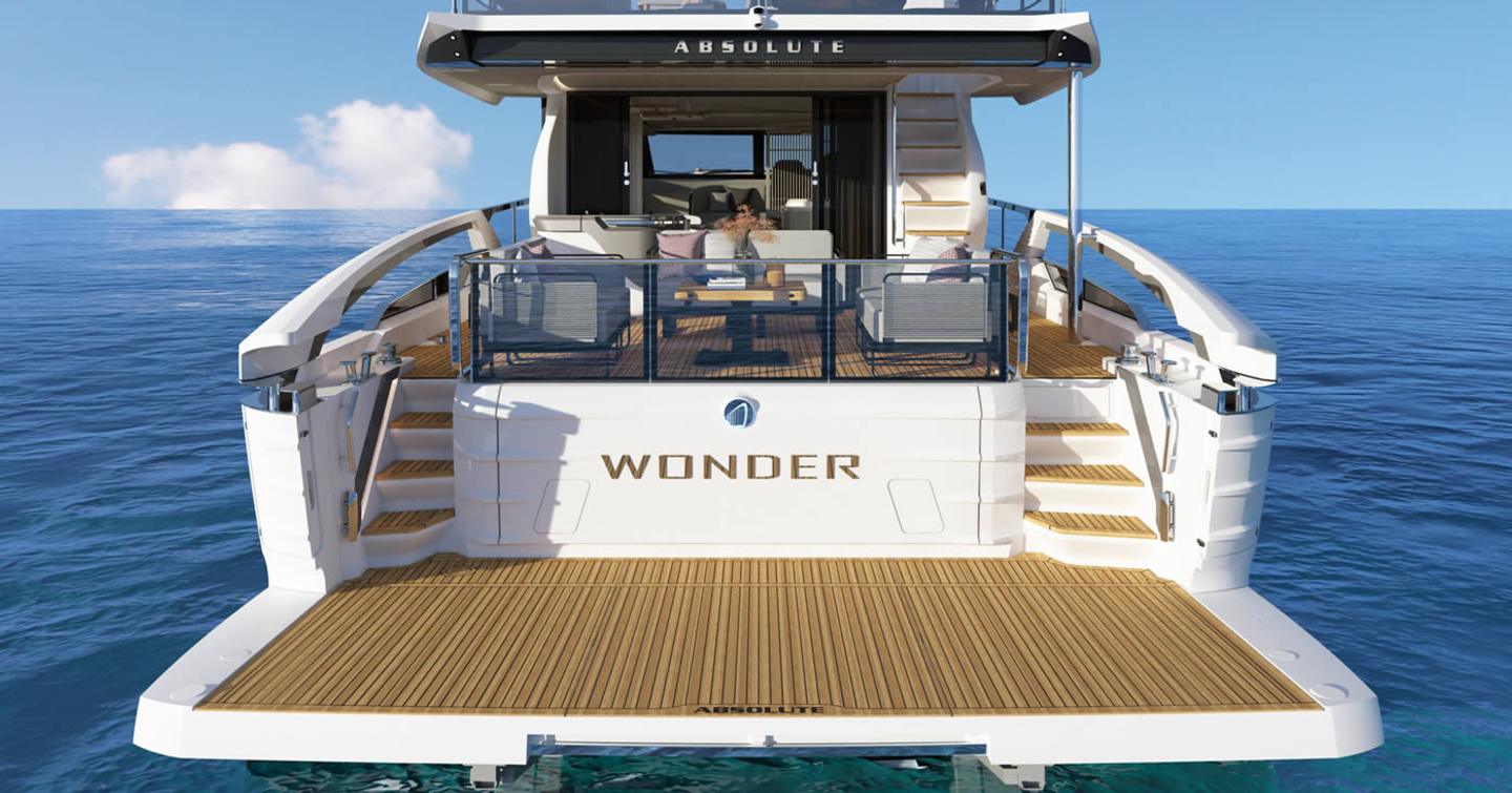 Rendering of Absolute 70 FLY Boat stern with hydraulic stern