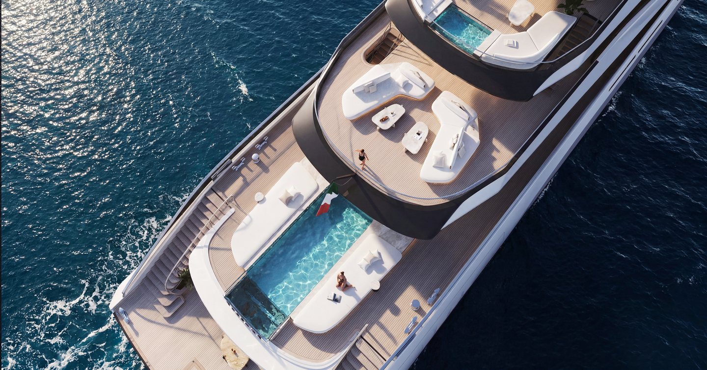 Aerial Rendering of ISA Large Yacht Collection Essence 82m superyacht aft decks 