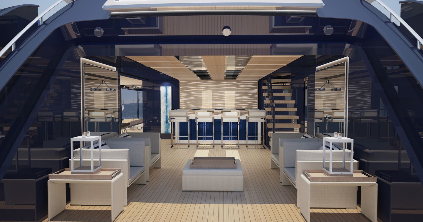 Wooden decking area on ISA Classic superyacht, with white seating and open plan layout