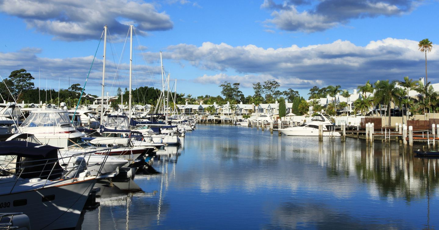 Overview of Sanctuary Cove marina during the Sanctuary Cove International Boat Show